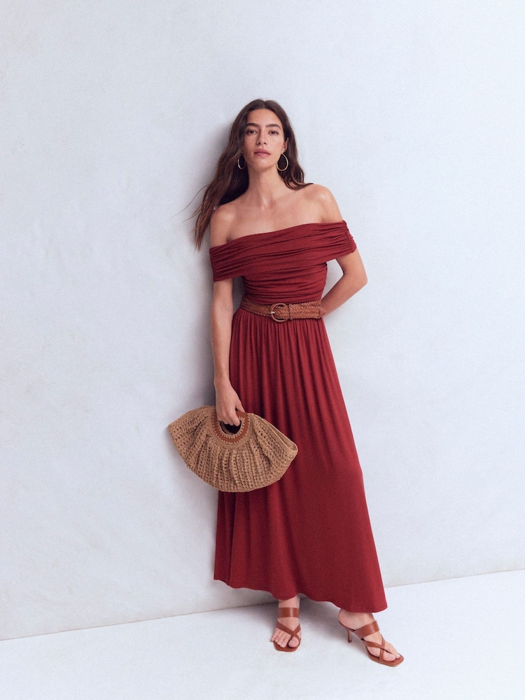 Boden Brown Ruched Bardot Jersey Dress - Image 1 of 5 Boden Brown Ruched Bardot Jersey Dress - Image 1 of 5