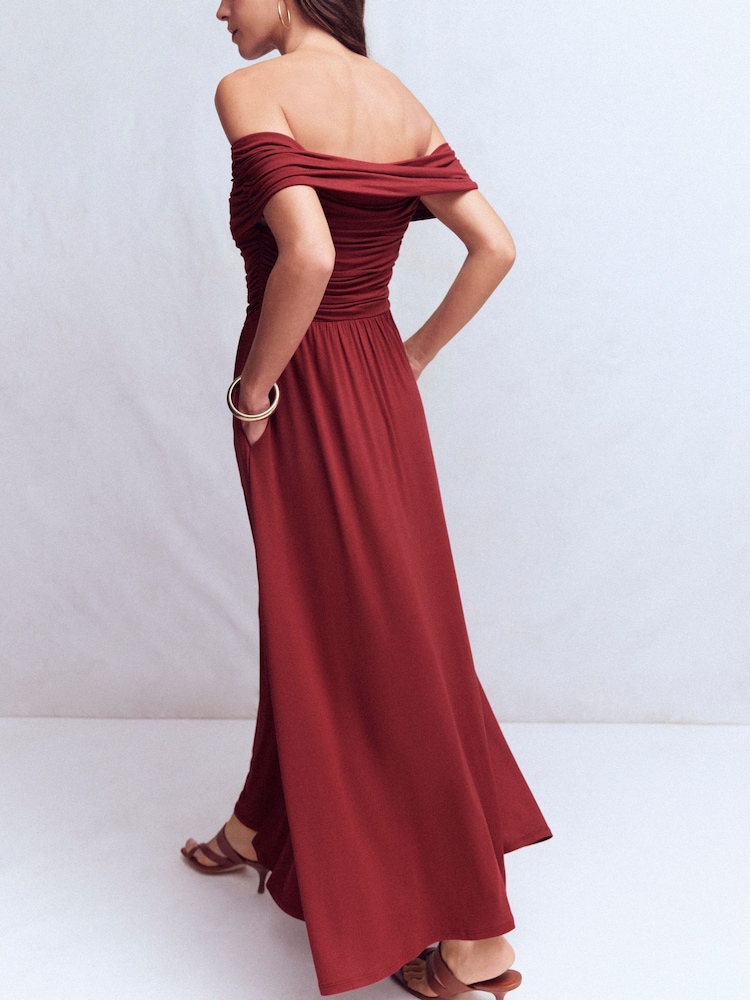 Boden Brown Ruched Bardot Jersey Dress - Image 2 of 5 Boden Brown Ruched Bardot Jersey Dress - Image 2 of 5