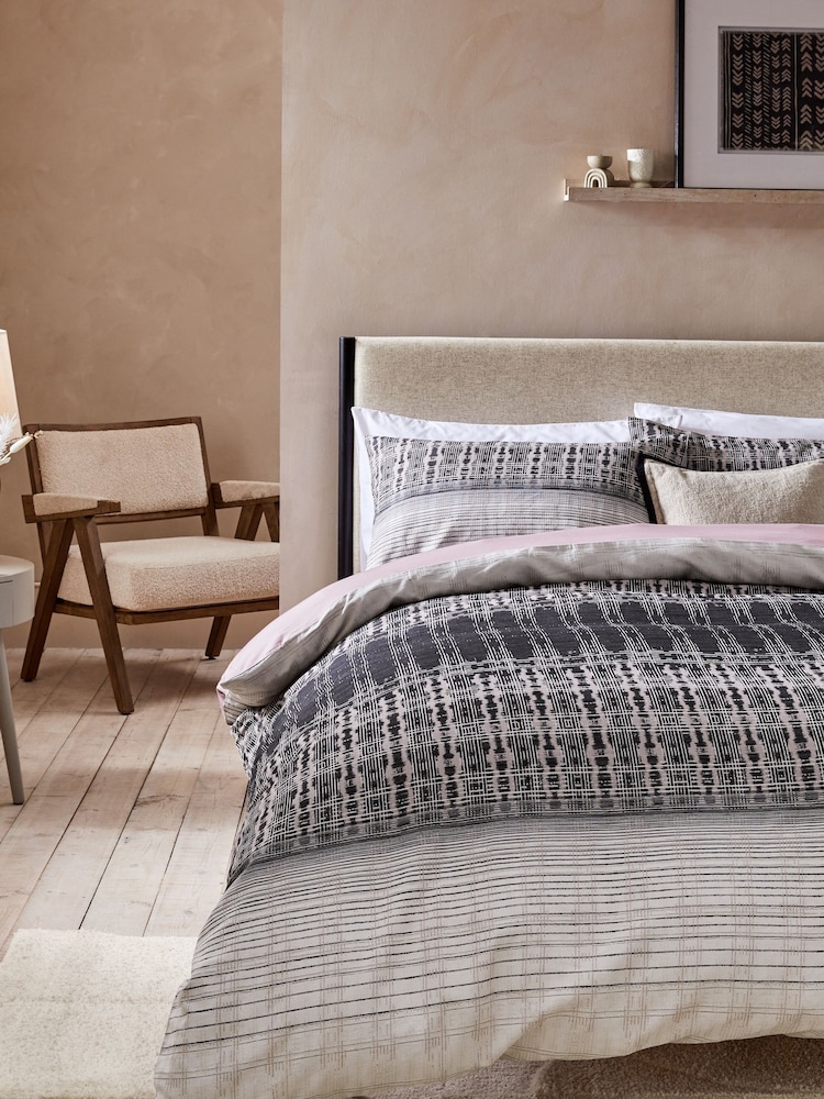 Black/White 100% Cotton Jacquard Ikat Duvet Cover And Pillowcase Set - Image 1 of 3 Black/White 100% Cotton Jacquard Ikat Duvet Cover And Pillowcase Set - Image 1 of 3