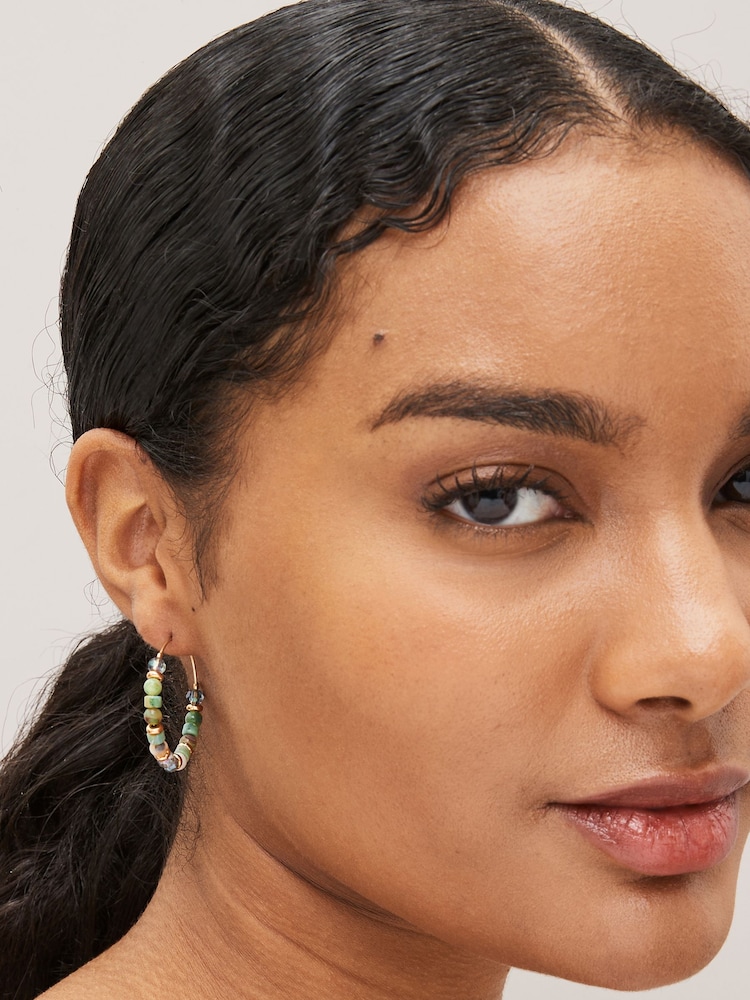Green Beaded Hoop Earrings - Image 1 of 3 Green Beaded Hoop Earrings - Image 1 of 3