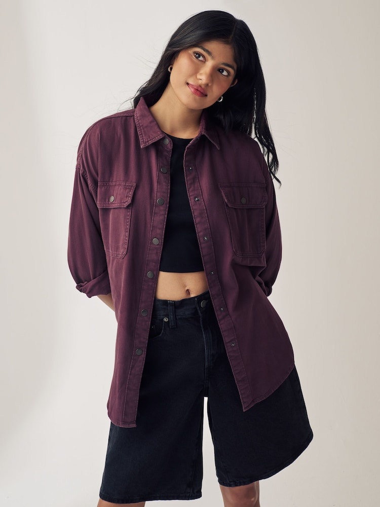 Rojo burdeos - Print Oversized Denim 100% Cotton Shirt - Imagen 1 de 5
