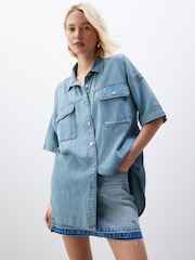 Green Tinted Short Sleeve Denim 100% Cotton Shirt - Image 1 of 6