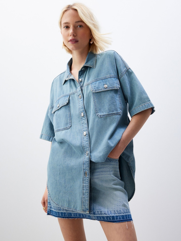 Green Tinted Short Sleeve Denim 100% Cotton Shirt - Image 1 of 6