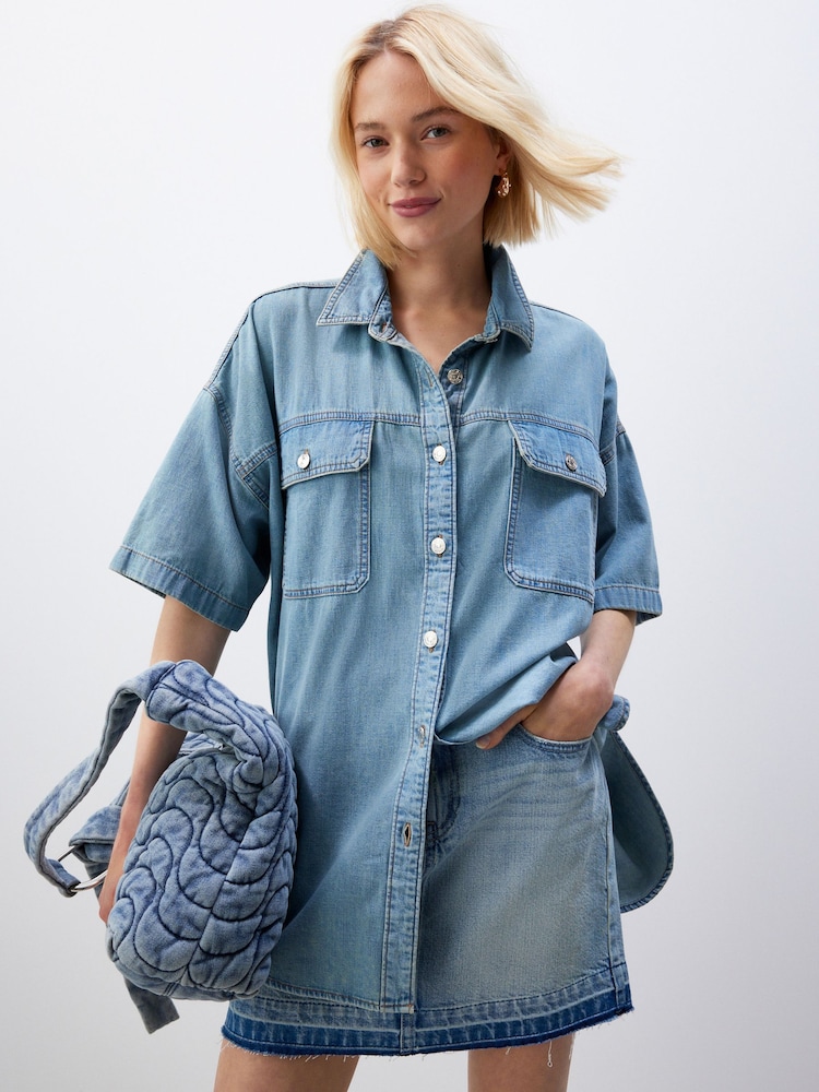 Green Tinted Short Sleeve Denim 100% Cotton Shirt - Image 2 of 6