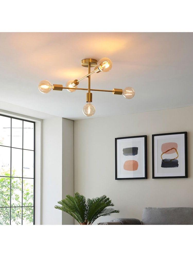 Gallery Home Satin Brass Industrial Chrome 5 Light Flush Ceiling Light - Image 1 of 3