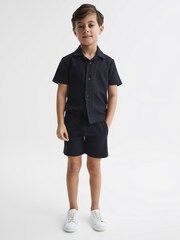 Reiss Navy Robin Senior Slim Fit Textured Drawstring Shorts - Image 3 of 6