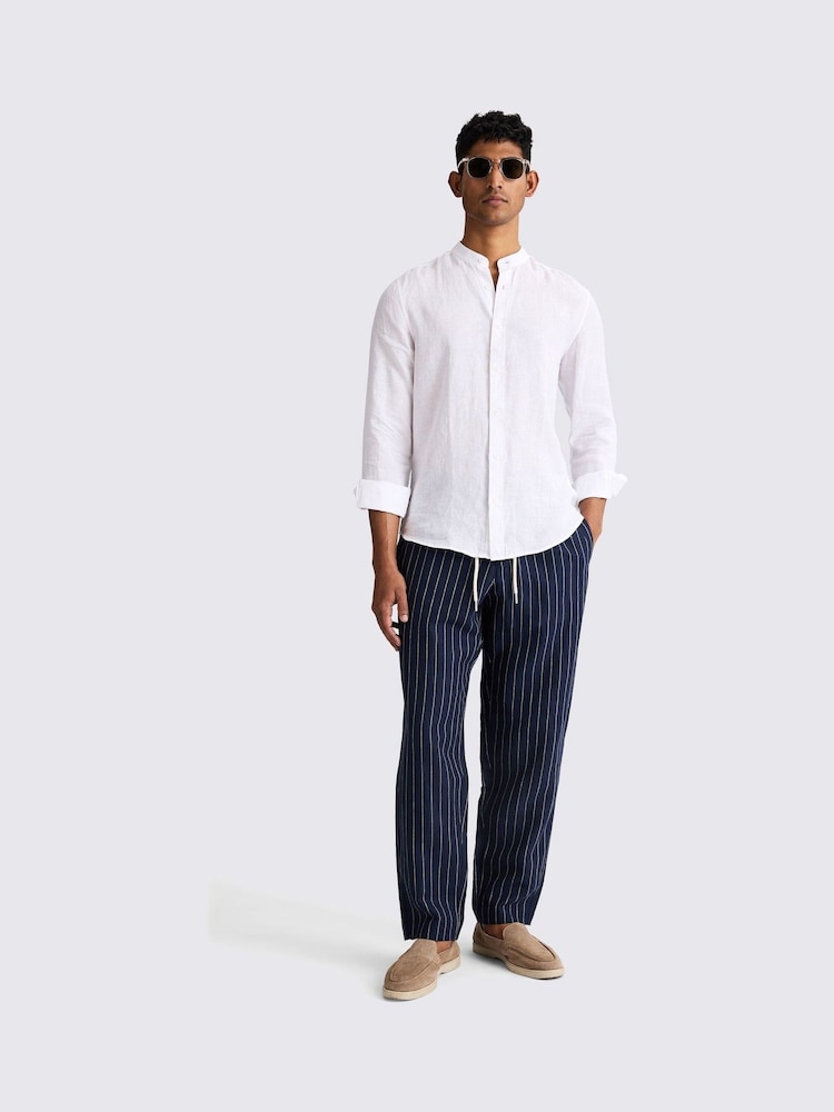 MOSS White Tailored Fit 100% Linen Grandad Collar Shirt - Image 3 of 4