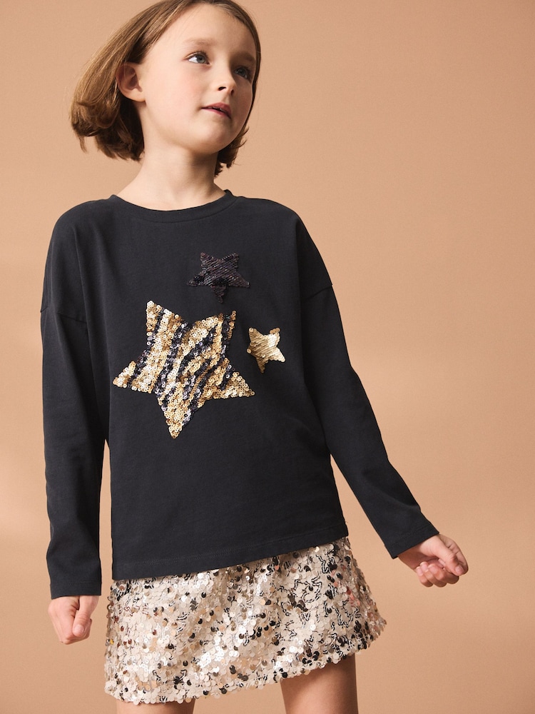 Black Sequin Star Long Sleeve T-Shirt (3-16yrs) - Image 1 of 7
