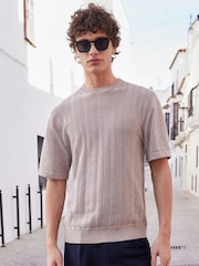 Dark Stone Regular Pointelle Knitted 100% Cotton Crew Neck T-Shirt - Image 1 of 5