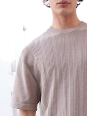 Dark Stone Regular Pointelle Knitted 100% Cotton Crew Neck T-Shirt - Image 2 of 5