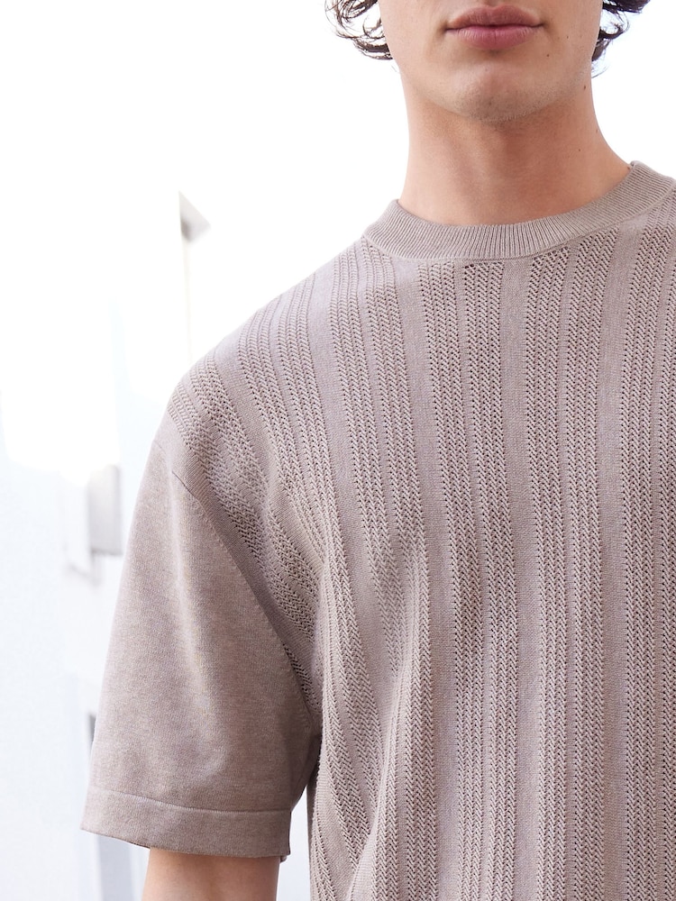 Dark Stone Regular Pointelle Knitted 100% Cotton Crew Neck T-Shirt - Image 2 of 5