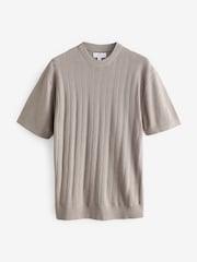 Dark Stone Regular Pointelle Knitted 100% Cotton Crew Neck T-Shirt - Image 3 of 5