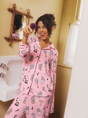 Pampered Cat Print Long Button Up Pyjamas Set - Image 1 of 4
