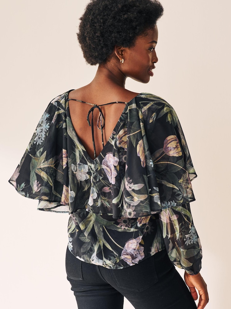 Grün mit floralem Print - Cape Langarmbluse - Bild 2 von 5