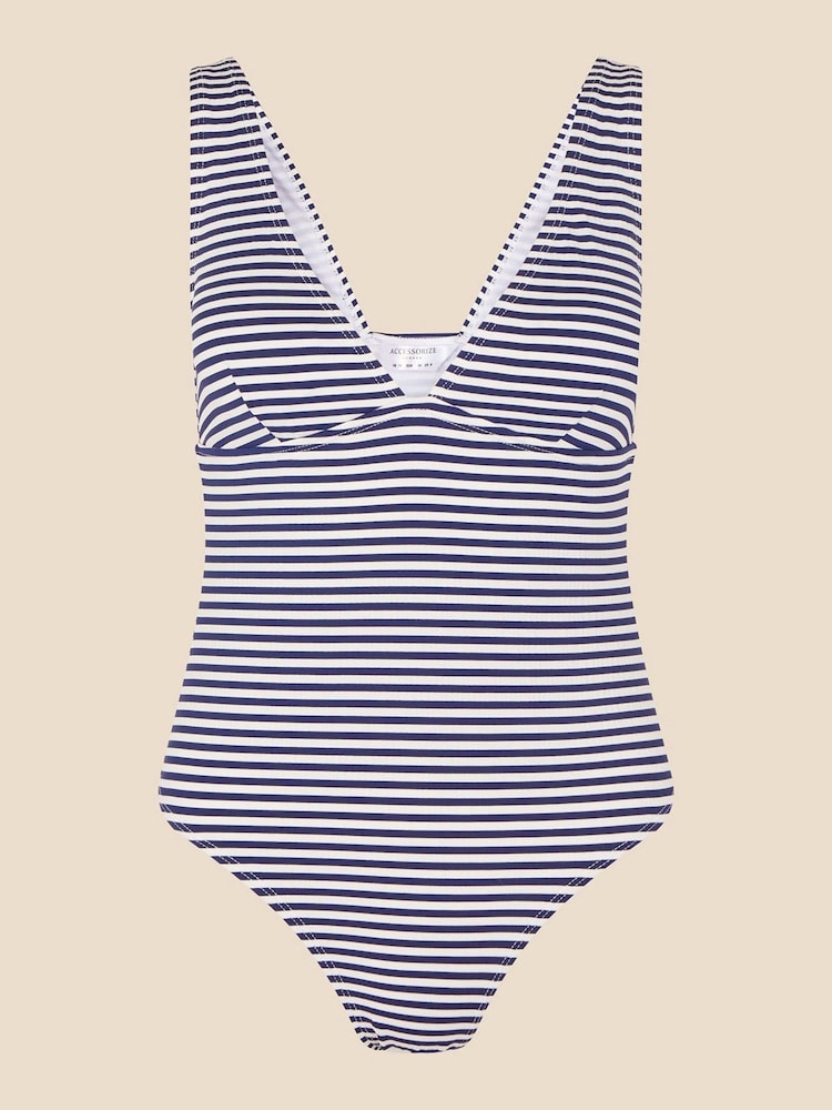 Accessorize Gestreifter, strukturierter Badeanzug mit tiefem Ausschnitt, Blau - Bild 3 von 3