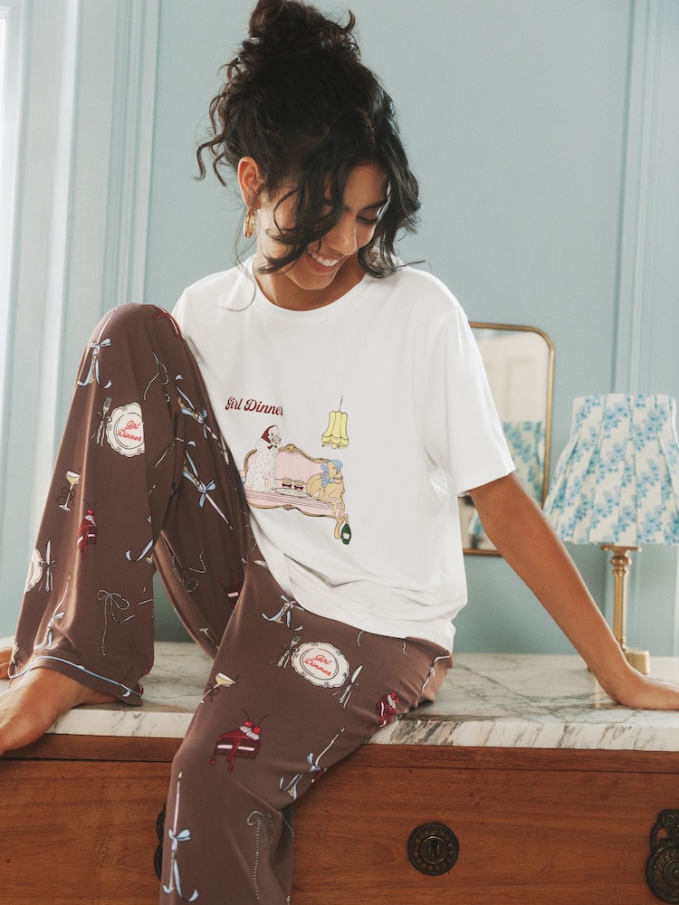 Girl Dinner Print Long Pyjamas Set - Image 1 of 4 Girl Dinner Print Long Pyjamas Set - Image 1 of 4