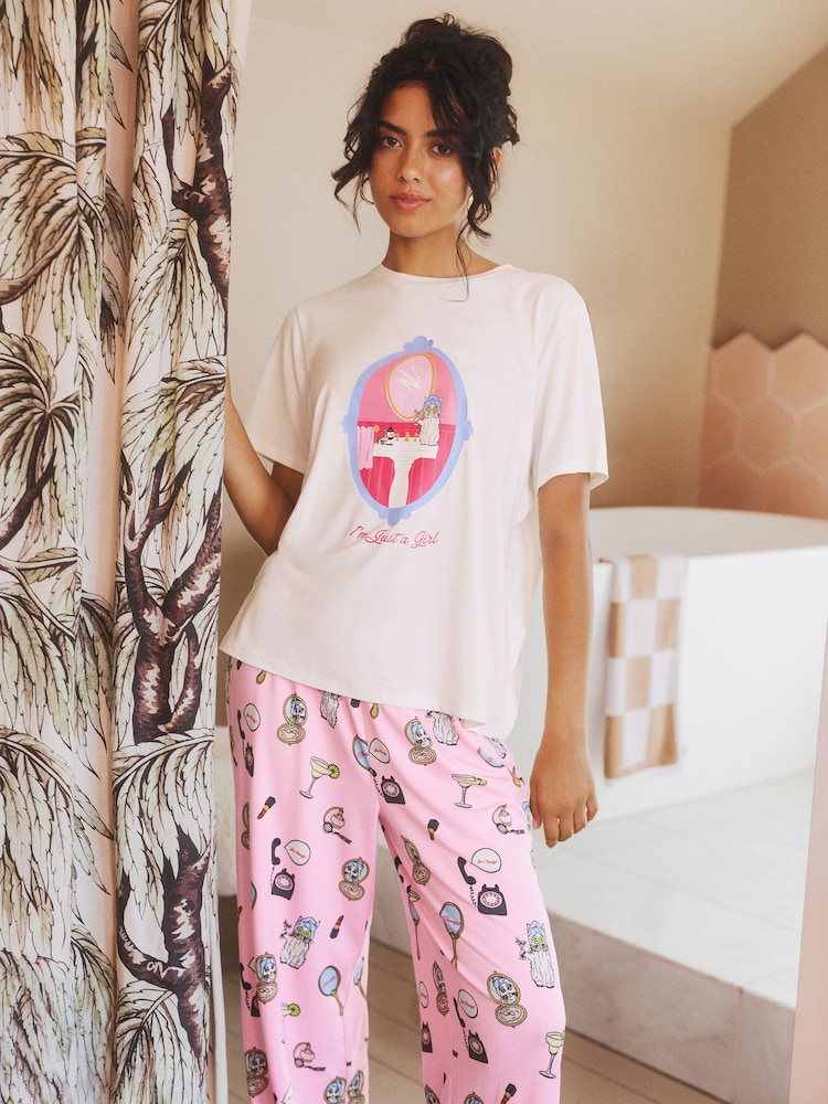 Pampered Cat Print Long Pyjamas Set - Image 1 of 4 Pampered Cat Print Long Pyjamas Set - Image 1 of 4