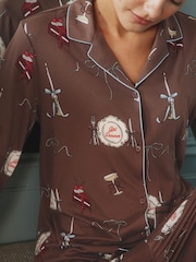 Urban Threads Urban Threads Brown Dinner Print Long Button Up Pyjamas Set - Imagen 5 de 5