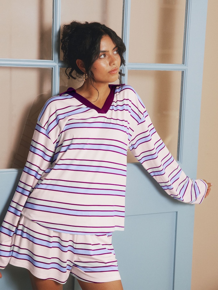 Urban Threads Pink Stripe Rugby Long Pyjamas Set - Imaginea 1 din 4