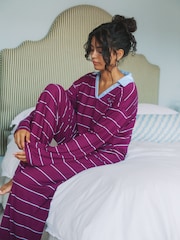 Urban Threads Burgundy Stripe Rugby Long Pyjamas Set - Attēls 1 no 5