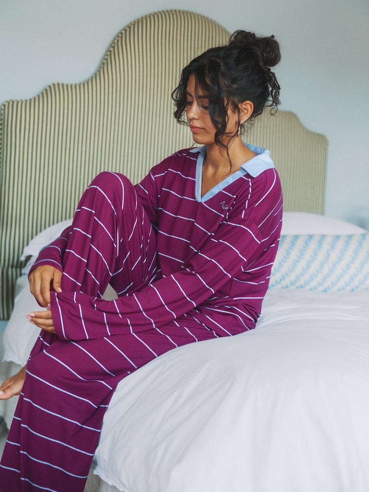 Urban Threads Burgundy Stripe Rugby Long Pyjamas Set - Attēls 1 no 5