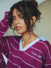 Urban Threads Burgundy Stripe Rugby Long Pyjamas Set - Attēls 2 no 5