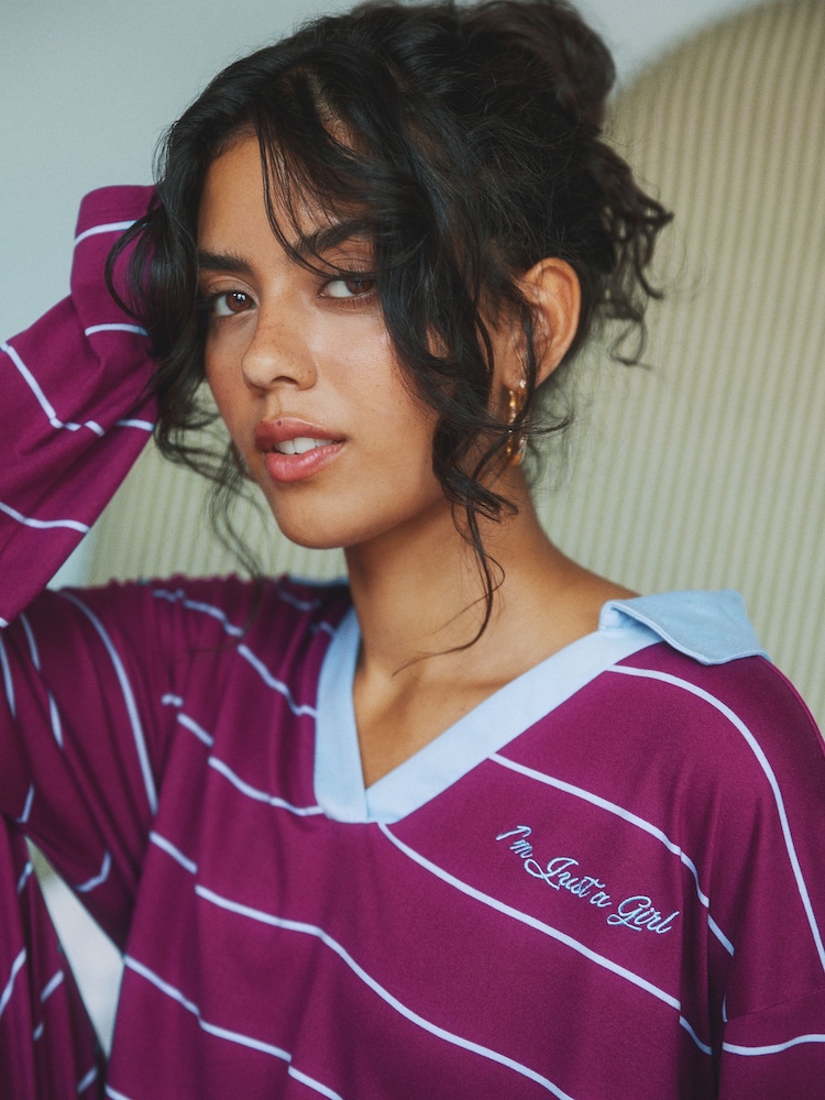 Urban Threads Burgundy Stripe Rugby Long Pyjamas Set - Attēls 2 no 5