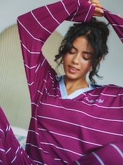 Urban Threads Burgundy Stripe Rugby Long Pyjamas Set - Attēls 4 no 5