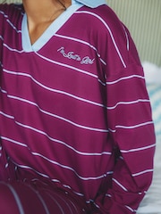 Urban Threads Burgundy Stripe Rugby Long Pyjamas Set - Attēls 5 no 5