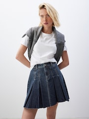 Dark Blue 100% Cotton Pleated Denim Mini Skirt - Image 1 of 6