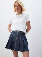 Dark Blue 100% Cotton Pleated Denim Mini Skirt - Image 2 of 6