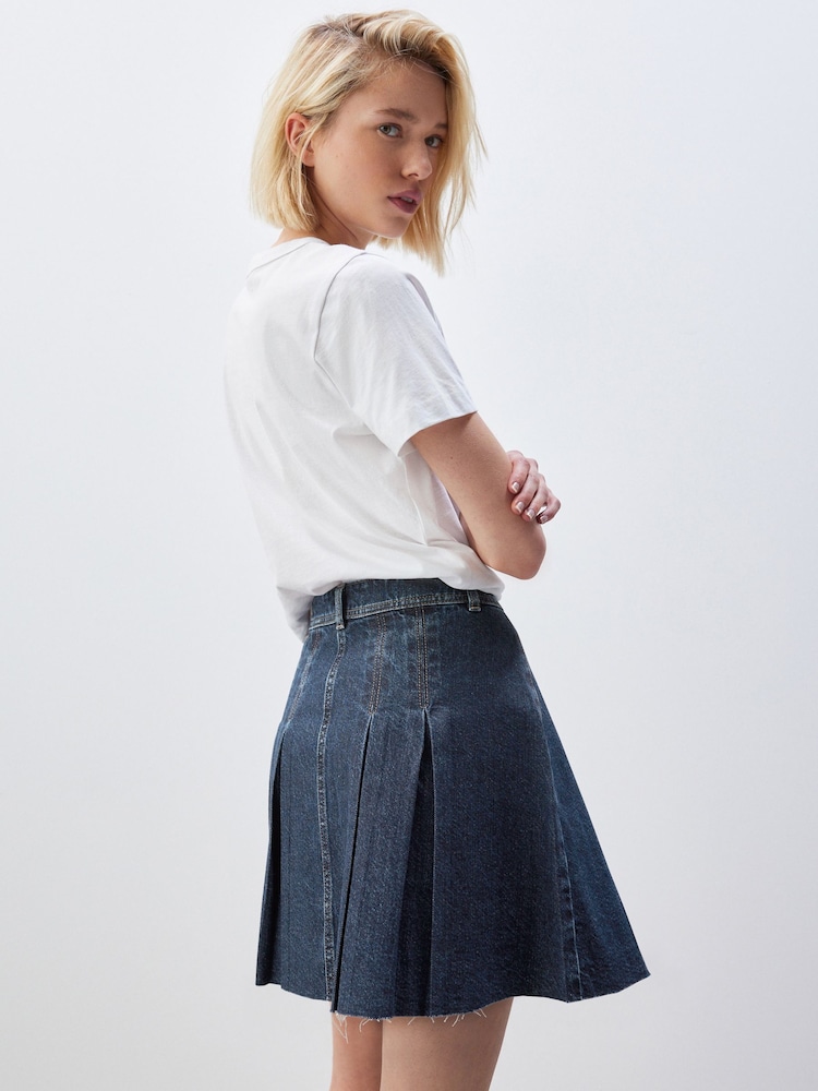 Dark Blue 100% Cotton Pleated Denim Mini Skirt - Image 3 of 6