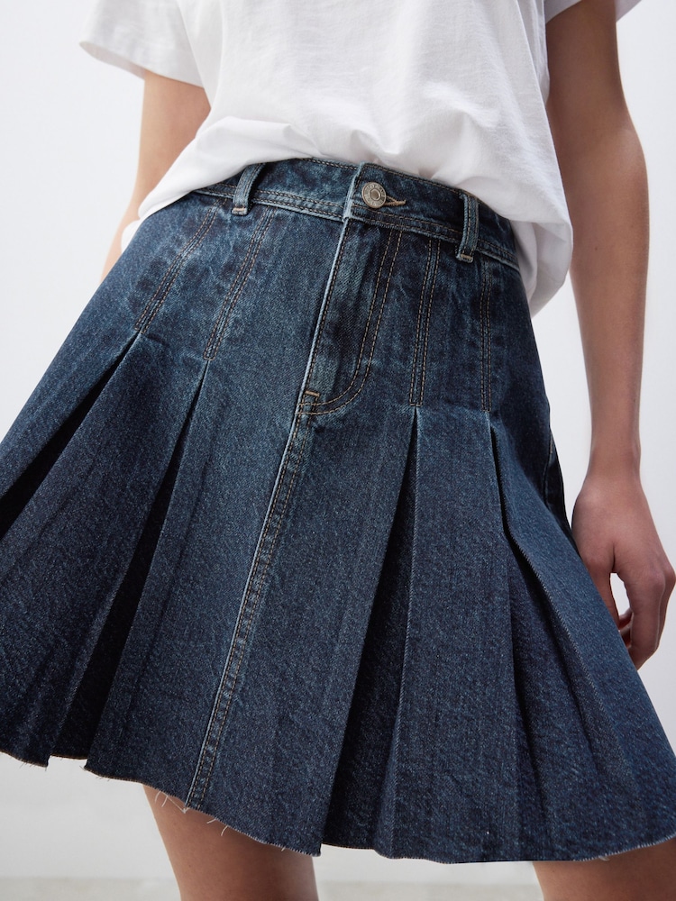 Dark Blue 100% Cotton Pleated Denim Mini Skirt - Image 4 of 6