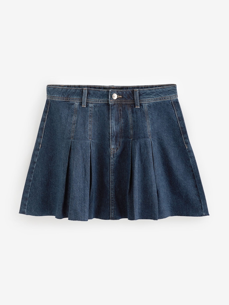 Dark Blue 100% Cotton Pleated Denim Mini Skirt - Image 5 of 6