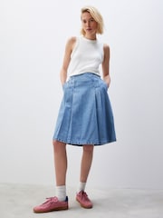 Mid Blue Pleated Knee Length Denim Skirt - Image 1 of 6
