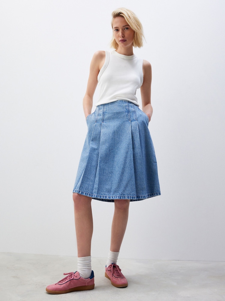Mid Blue Pleated Knee Length Denim Skirt - Image 1 of 6