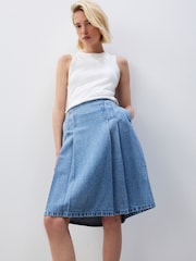 Mid Blue Pleated Knee Length Denim Skirt - Image 2 of 6