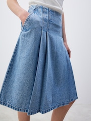 Mid Blue Pleated Knee Length Denim Skirt - Image 4 of 6