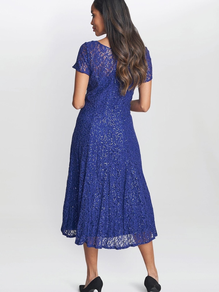 Gina Bacconi Blue Demi Cap Sleeve Midi Length Sequin Lace Dress - Image 2 of 4