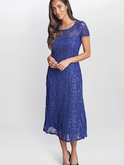 Gina Bacconi Blue Demi Cap Sleeve Midi Length Sequin Lace Dress - Image 3 of 4