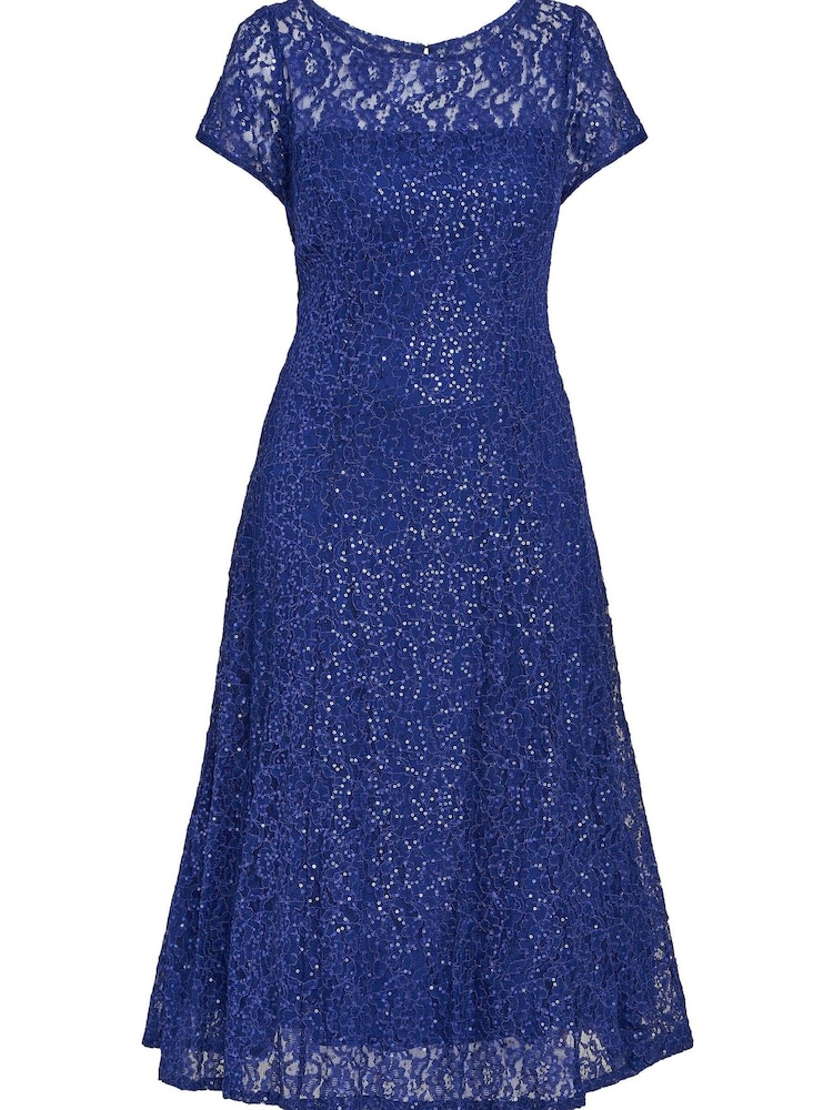 Gina Bacconi Blue Demi Cap Sleeve Midi Length Sequin Lace Dress - Image 4 of 4