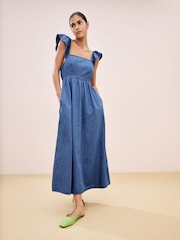 Mid Blue Flutter Sleeve Lightweight Denim Midi 100% Cotton Dress - Image 1 of 7