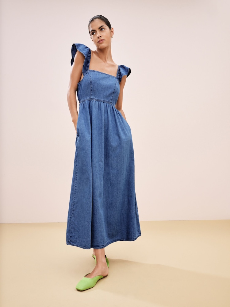Mid Blue Flutter Sleeve Lightweight Denim Midi 100% Cotton Dress - Image 1 of 7