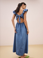 Mid Blue Flutter Sleeve Lightweight Denim Midi 100% Cotton Dress - Image 2 of 7