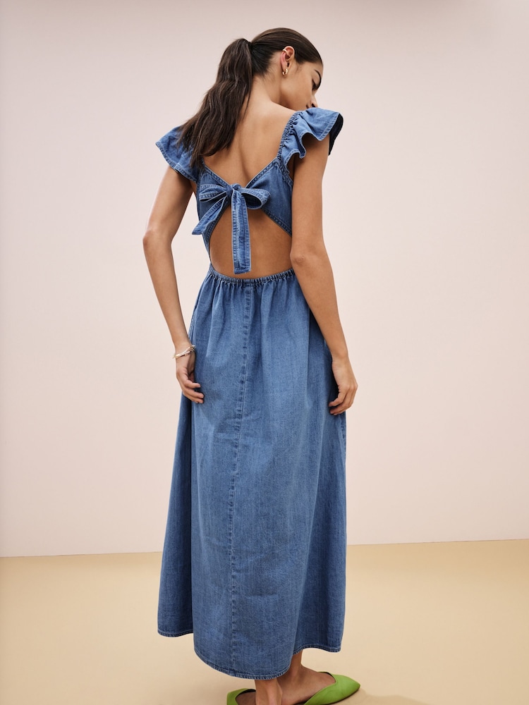 Mid Blue Flutter Sleeve Lightweight Denim Midi 100% Cotton Dress - Image 2 of 7 Mid Blue Flutter Sleeve Lightweight Denim Midi 100% Cotton Dress - Image 2 of 7