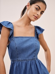 Mid Blue Flutter Sleeve Lightweight Denim Midi 100% Cotton Dress - Image 3 of 7