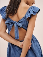 Mid Blue Flutter Sleeve Lightweight Denim Midi 100% Cotton Dress - Image 5 of 7