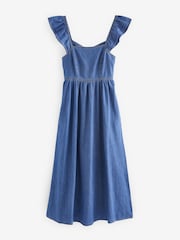 Mid Blue Flutter Sleeve Lightweight Denim Midi 100% Cotton Dress - Image 6 of 7