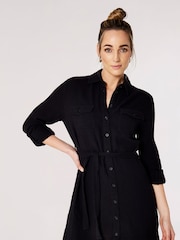 Apricot Black 100% Cotton 2 Pocket Self Tie Shirt Dress - Image 1 of 4