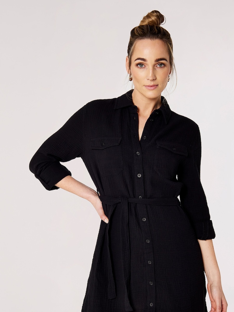 Apricot Black 100% Cotton 2 Pocket Self Tie Shirt Dress - Image 1 of 4